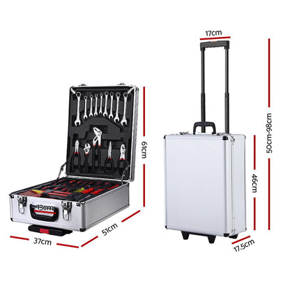 A Giantz 786pcs Tool Kit Trolley Case Mechanics Box Toolbox Portable DIY Set on wheels with an extended handle is open, revealing organized chrome vanadium tools. Separate compartments contain wrenches, pliers, screwdrivers, bits, sockets, a saw, hex keys, and measuring tape, all neatly arranged in molded black trays.