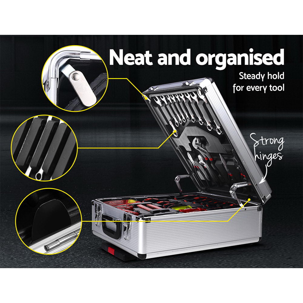 A Giantz 786pcs Tool Kit Trolley Case Mechanics Box Toolbox Portable DIY Set on wheels with an extended handle is open, revealing organized chrome vanadium tools. Separate compartments contain wrenches, pliers, screwdrivers, bits, sockets, a saw, hex keys, and measuring tape, all neatly arranged in molded black trays.