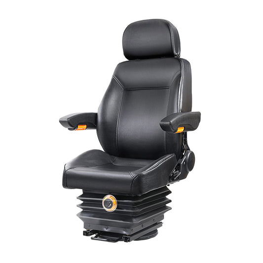 A black ergonomic Giantz Tractor Seat Forklift Excavator Truck Universal Backrest Chair PU Leather with a cushioned PU leather tractor seat, backrest, and headrest. The chair features adjustable armrests with orange accents and a base designed for mechanical support or industrial use, possibly for a vehicle or machinery.