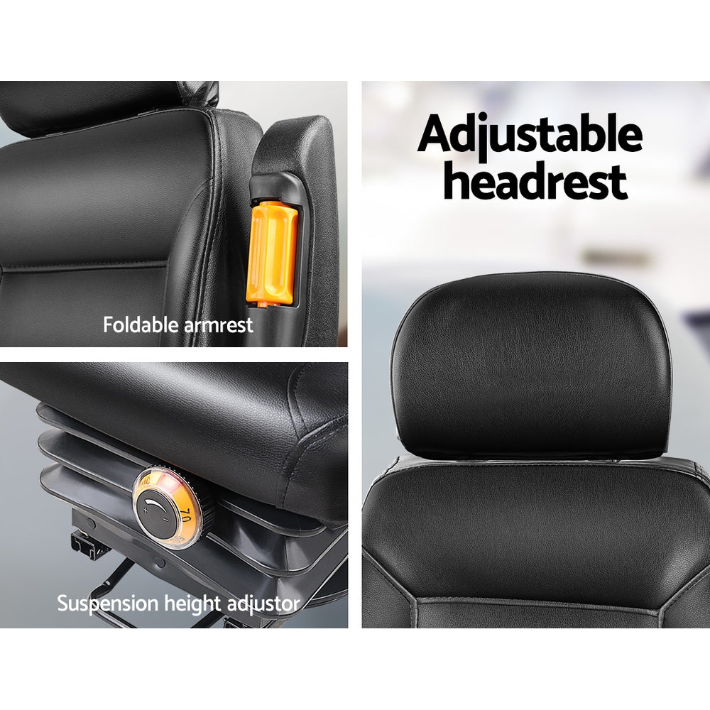 A black ergonomic Giantz Tractor Seat Forklift Excavator Truck Universal Backrest Chair PU Leather with a cushioned PU leather tractor seat, backrest, and headrest. The chair features adjustable armrests with orange accents and a base designed for mechanical support or industrial use, possibly for a vehicle or machinery.