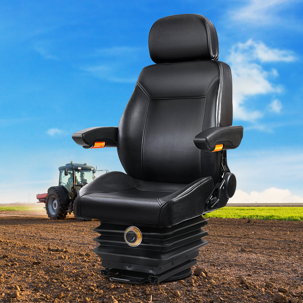 A black ergonomic Giantz Tractor Seat Forklift Excavator Truck Universal Backrest Chair PU Leather with a cushioned PU leather tractor seat, backrest, and headrest. The chair features adjustable armrests with orange accents and a base designed for mechanical support or industrial use, possibly for a vehicle or machinery.