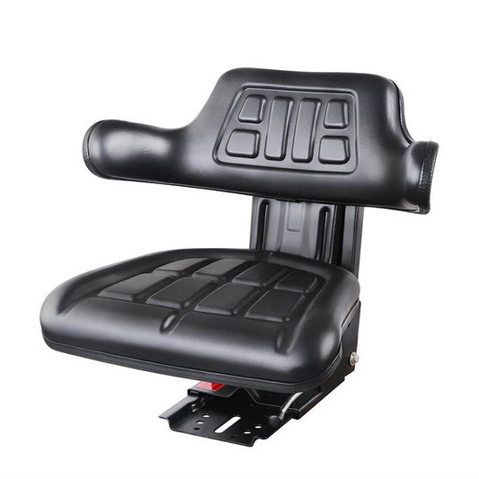 A **Giantz Tractor Seat Forklift Excavator Truck Universal Digger Chair PU Leather** with a molded cushion design, featuring a high backrest and armrests. The seat is mounted on a metal base with adjustable weight suspension for ergonomic support and comfort.