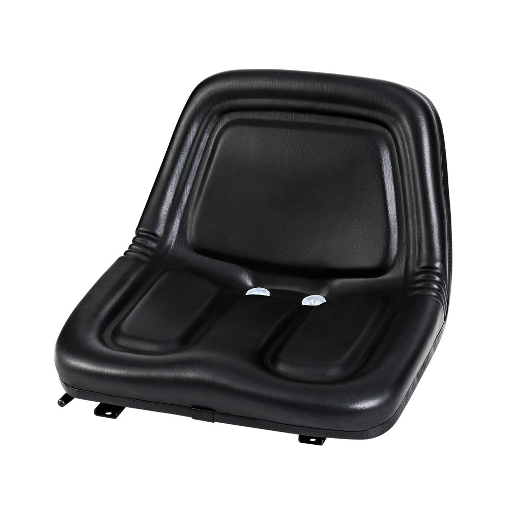 A Giantz Tractor Seat Forklift Excavator Universal Backrest Truck Chair PU Leather with a smooth and slightly contoured design, featuring small drainage holes at the bottom and attachment points for mounting it to a steel frame or other heavy machinery.