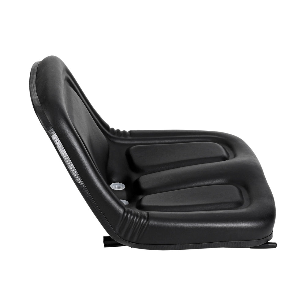 A Giantz Tractor Seat Forklift Excavator Universal Backrest Truck Chair PU Leather with a smooth and slightly contoured design, featuring small drainage holes at the bottom and attachment points for mounting it to a steel frame or other heavy machinery.