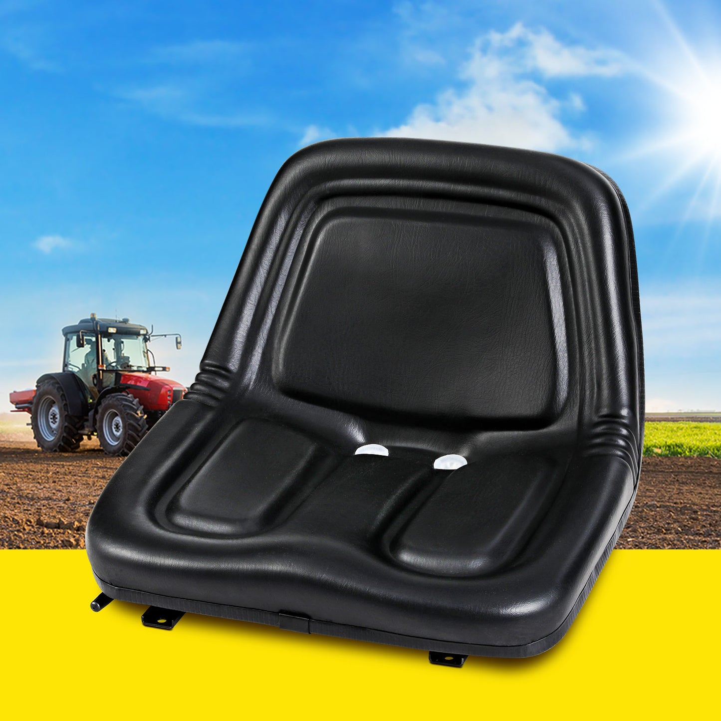 A Giantz Tractor Seat Forklift Excavator Universal Backrest Truck Chair PU Leather with a smooth and slightly contoured design, featuring small drainage holes at the bottom and attachment points for mounting it to a steel frame or other heavy machinery.