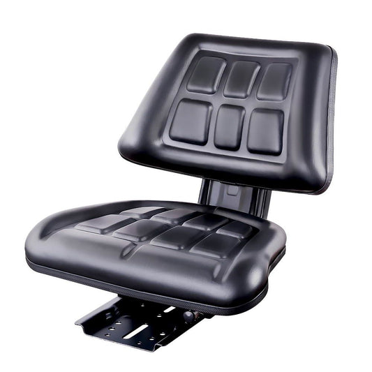 A Giantz Tractor Seat Forklift Excavator Truck Universal Replacement PU Chair with a contoured design for ergonomics, upholstered in high-quality PU leather. The seat and backrest feature a grid-like pattern of square cushioning for added comfort. It is mounted on a metal base with visible attachment points and offers easy seat adjustment.