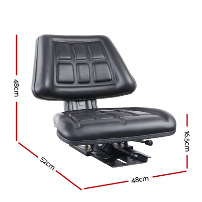 A Giantz Tractor Seat Forklift Excavator Truck Universal Replacement PU Chair with a contoured design for ergonomics, upholstered in high-quality PU leather. The seat and backrest feature a grid-like pattern of square cushioning for added comfort. It is mounted on a metal base with visible attachment points and offers easy seat adjustment.