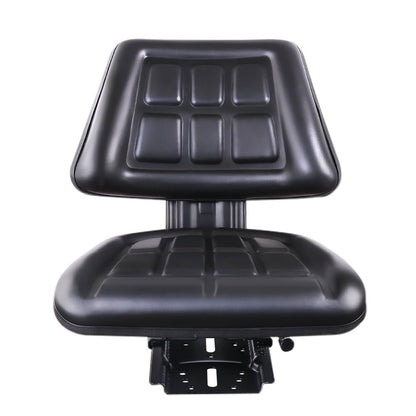 A Giantz Tractor Seat Forklift Excavator Truck Universal Replacement PU Chair with a contoured design for ergonomics, upholstered in high-quality PU leather. The seat and backrest feature a grid-like pattern of square cushioning for added comfort. It is mounted on a metal base with visible attachment points and offers easy seat adjustment.