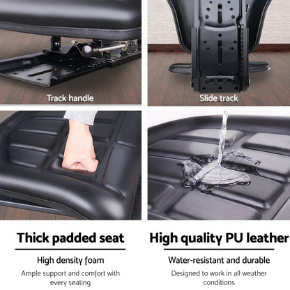 A Giantz Tractor Seat Forklift Excavator Truck Universal Replacement PU Chair with a contoured design for ergonomics, upholstered in high-quality PU leather. The seat and backrest feature a grid-like pattern of square cushioning for added comfort. It is mounted on a metal base with visible attachment points and offers easy seat adjustment.