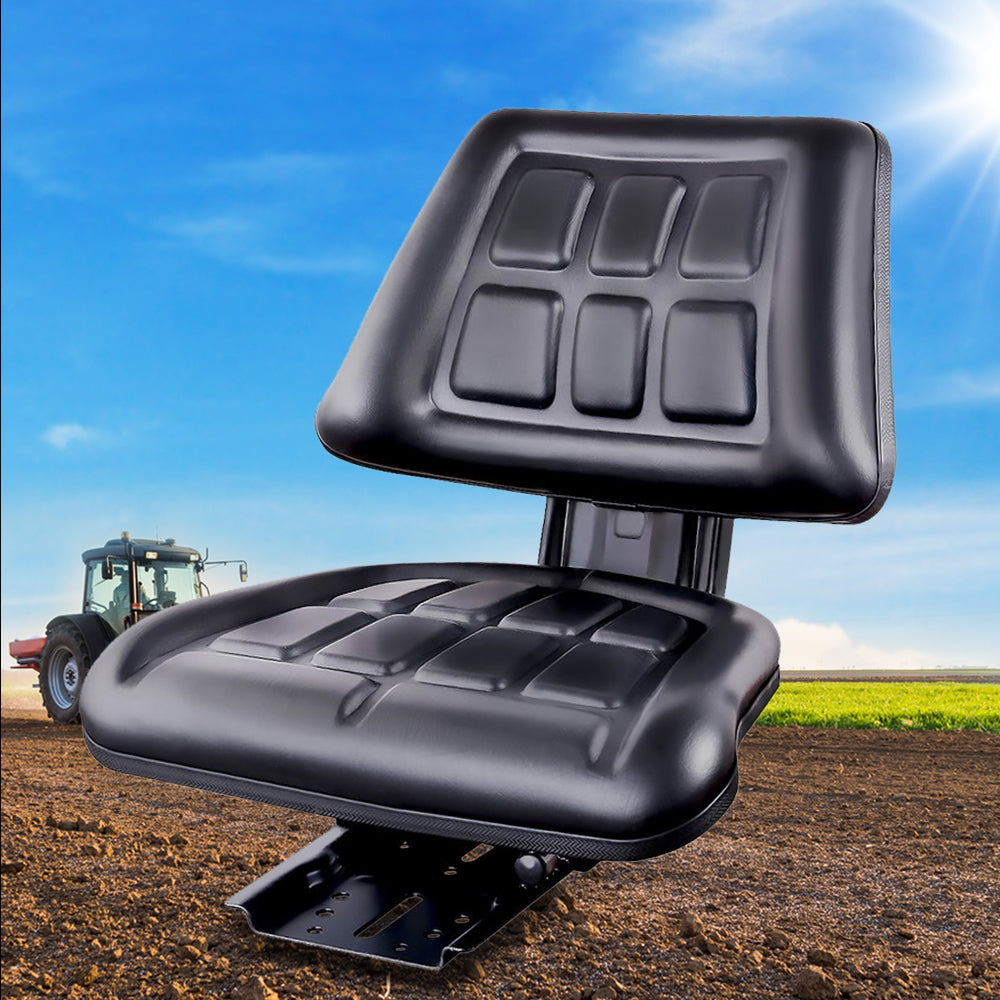 A Giantz Tractor Seat Forklift Excavator Truck Universal Replacement PU Chair with a contoured design for ergonomics, upholstered in high-quality PU leather. The seat and backrest feature a grid-like pattern of square cushioning for added comfort. It is mounted on a metal base with visible attachment points and offers easy seat adjustment.