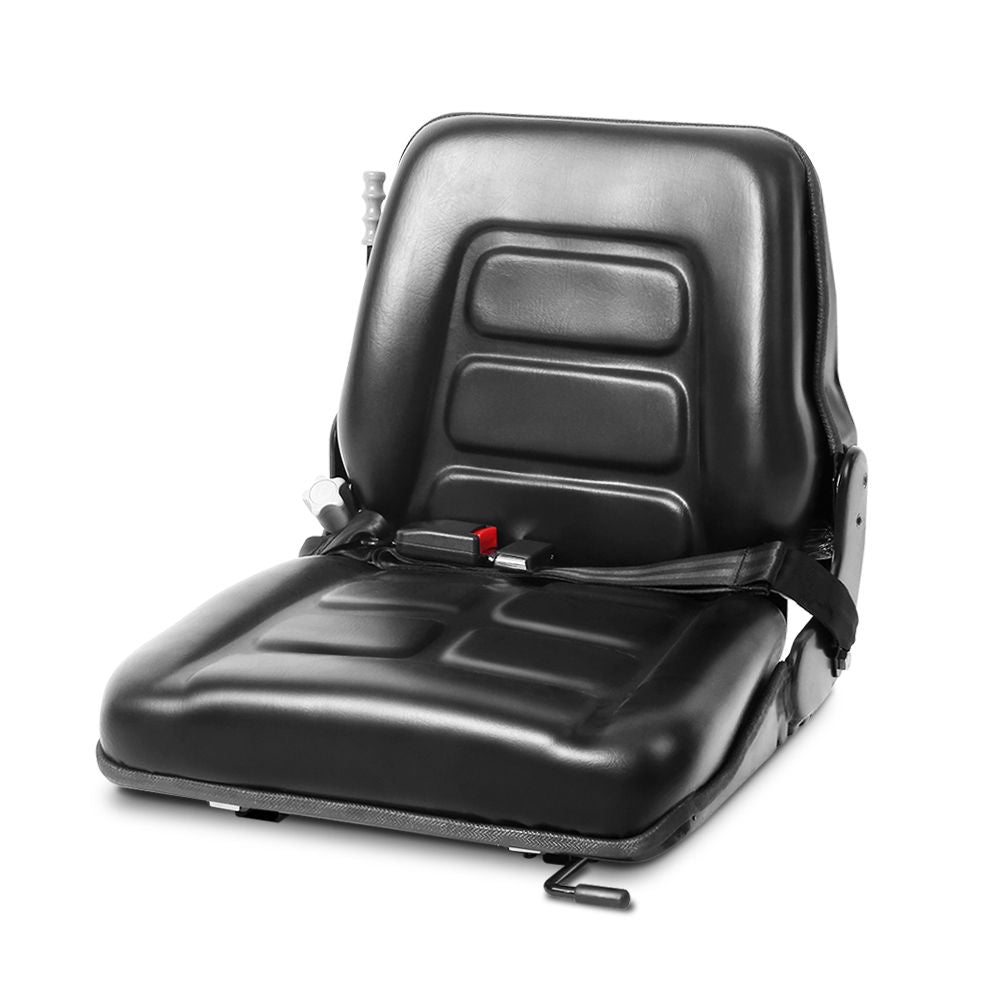 The image shows a sleek black Giantz Tractor Seat Forklift Excavator Universal Backrest Truck PU Chair with cushioned support and a seatbelt. The design features ridges for comfort and a sturdy metal base for attachment. This waterproof and durable seat has a lever on the side, likely for adjustment purposes, making it ideal for heavy machinery use.