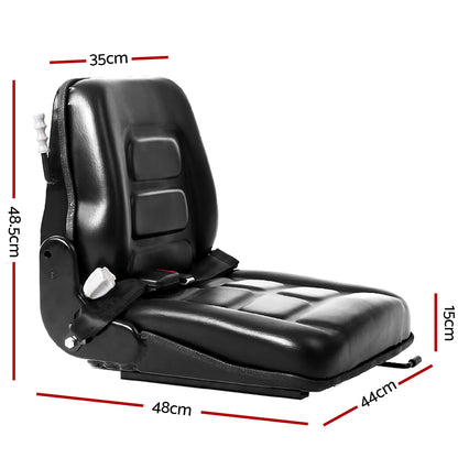 The image shows a sleek black Giantz Tractor Seat Forklift Excavator Universal Backrest Truck PU Chair with cushioned support and a seatbelt. The design features ridges for comfort and a sturdy metal base for attachment. This waterproof and durable seat has a lever on the side, likely for adjustment purposes, making it ideal for heavy machinery use.