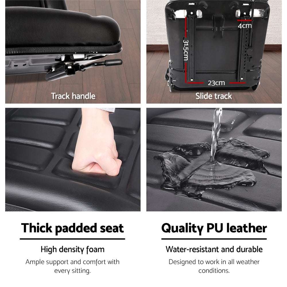 The image shows a sleek black Giantz Tractor Seat Forklift Excavator Universal Backrest Truck PU Chair with cushioned support and a seatbelt. The design features ridges for comfort and a sturdy metal base for attachment. This waterproof and durable seat has a lever on the side, likely for adjustment purposes, making it ideal for heavy machinery use.