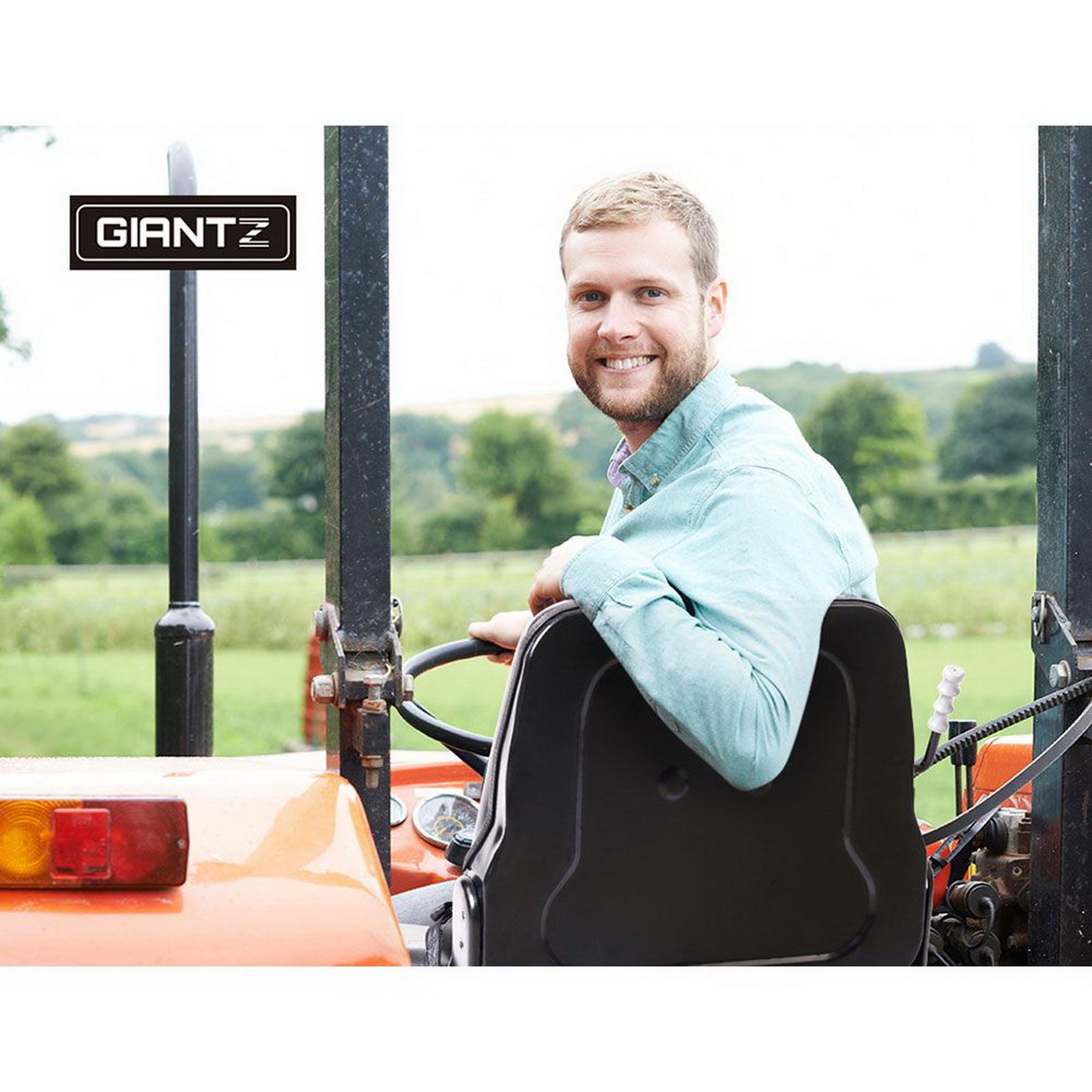 The image shows a sleek black Giantz Tractor Seat Forklift Excavator Universal Backrest Truck PU Chair with cushioned support and a seatbelt. The design features ridges for comfort and a sturdy metal base for attachment. This waterproof and durable seat has a lever on the side, likely for adjustment purposes, making it ideal for heavy machinery use.