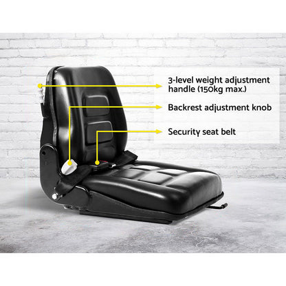 The image shows a sleek black Giantz Tractor Seat Forklift Excavator Universal Backrest Truck PU Chair with cushioned support and a seatbelt. The design features ridges for comfort and a sturdy metal base for attachment. This waterproof and durable seat has a lever on the side, likely for adjustment purposes, making it ideal for heavy machinery use.