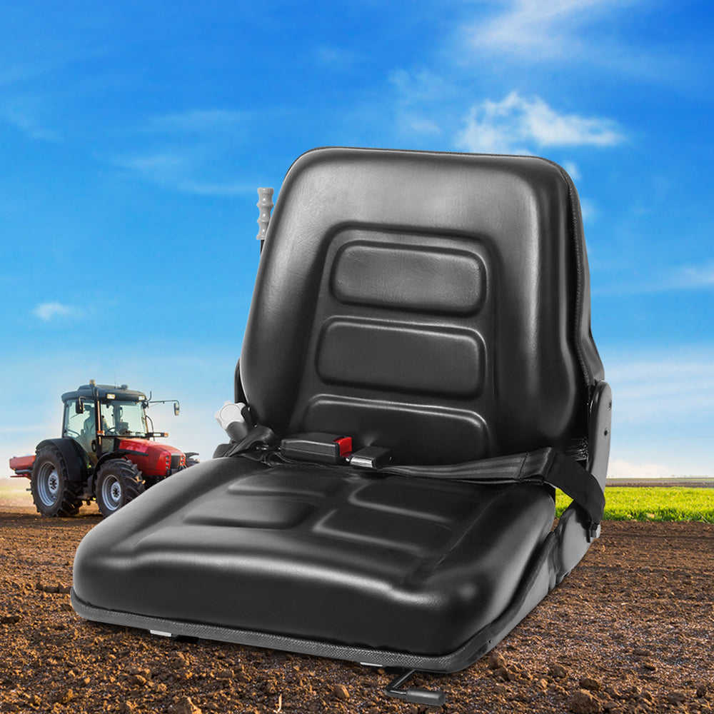 The image shows a sleek black Giantz Tractor Seat Forklift Excavator Universal Backrest Truck PU Chair with cushioned support and a seatbelt. The design features ridges for comfort and a sturdy metal base for attachment. This waterproof and durable seat has a lever on the side, likely for adjustment purposes, making it ideal for heavy machinery use.