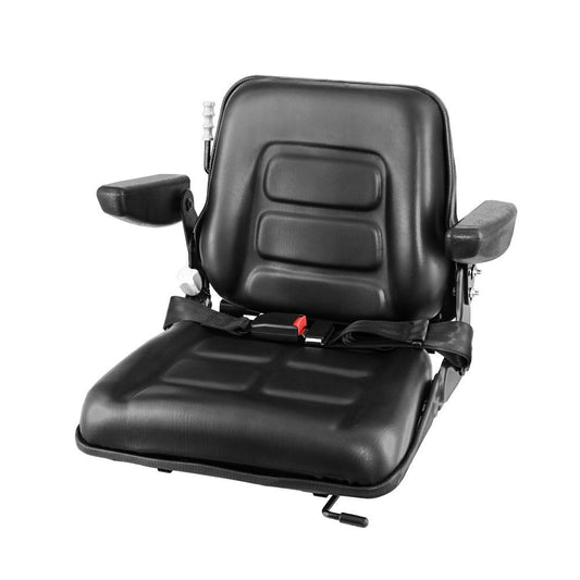 This Giantz Tractor Seat Forklift Excavator Universal Suspension Armrest Truck Chair features a black padded seat with armrests and a built-in safety belt. The backrest boasts contour stitching for additional support and comfort. Designed with heavy machinery in mind, the seat includes metal mounting brackets and a front lever for easy adjustments.