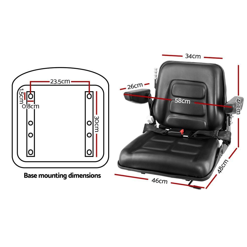 This Giantz Tractor Seat Forklift Excavator Universal Suspension Armrest Truck Chair features a black padded seat with armrests and a built-in safety belt. The backrest boasts contour stitching for additional support and comfort. Designed with heavy machinery in mind, the seat includes metal mounting brackets and a front lever for easy adjustments.