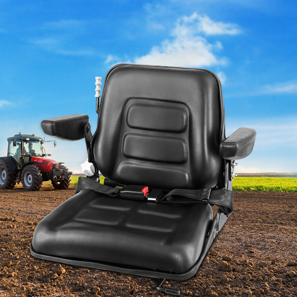 This Giantz Tractor Seat Forklift Excavator Universal Suspension Armrest Truck Chair features a black padded seat with armrests and a built-in safety belt. The backrest boasts contour stitching for additional support and comfort. Designed with heavy machinery in mind, the seat includes metal mounting brackets and a front lever for easy adjustments.