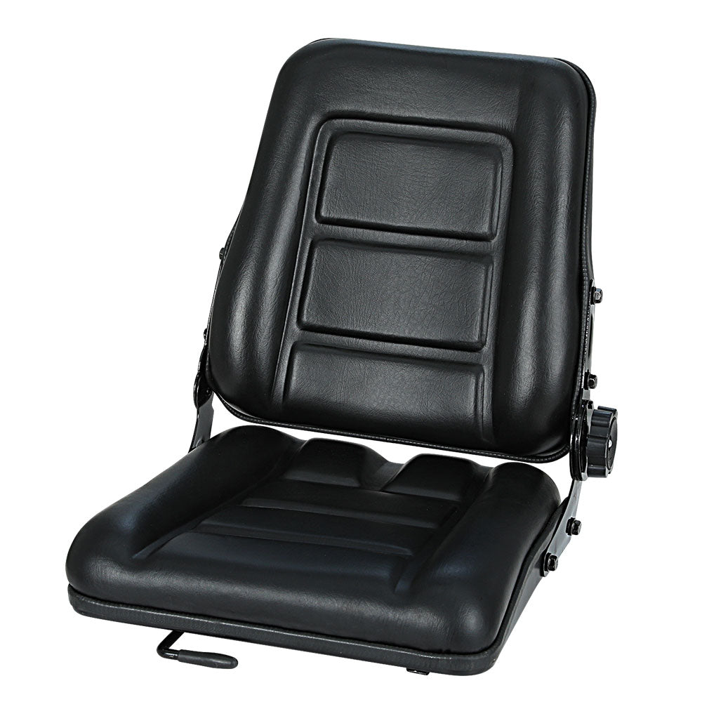 A black, cushioned Giantz Tractor Seat Forklift Excavator Truck Backrest Chair Adjustable Universal with a folding backrest and adjustable side knobs. The PU Leather Tractor Seat features an ergonomic design with rectangular padding patterns on both the seat and backrest, providing comfort and practicality for various tractor models.