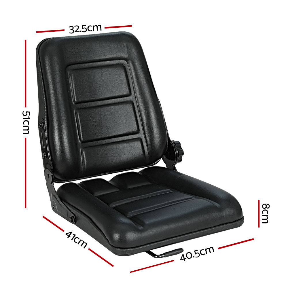 A black, cushioned Giantz Tractor Seat Forklift Excavator Truck Backrest Chair Adjustable Universal with a folding backrest and adjustable side knobs. The PU Leather Tractor Seat features an ergonomic design with rectangular padding patterns on both the seat and backrest, providing comfort and practicality for various tractor models.