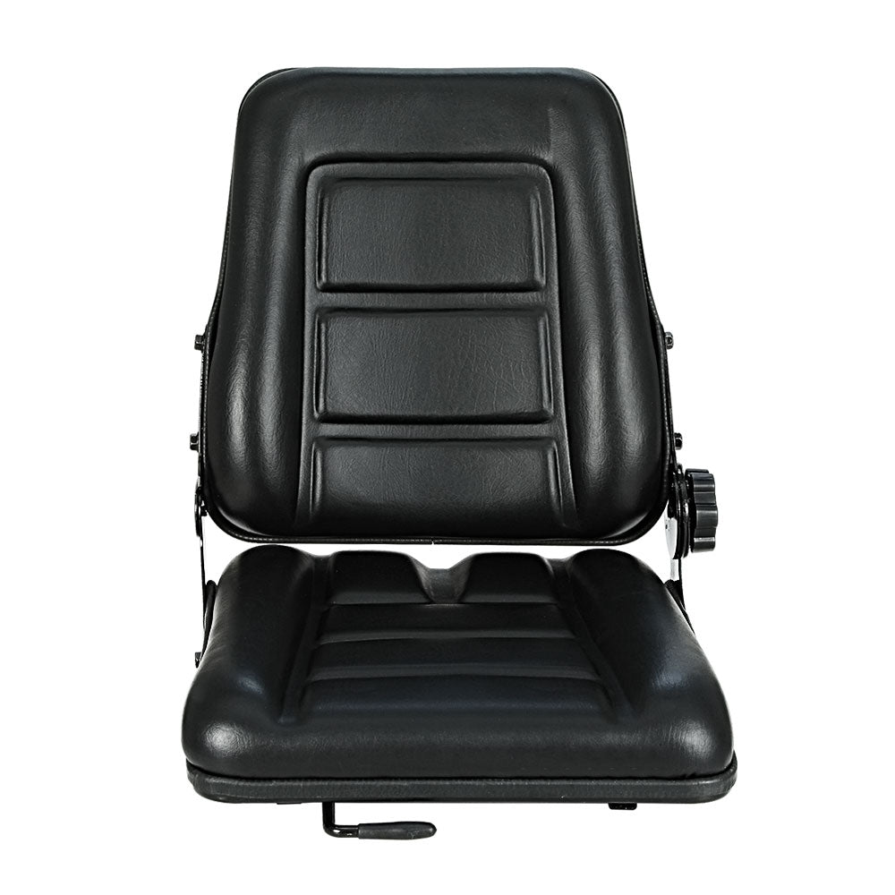 A black, cushioned Giantz Tractor Seat Forklift Excavator Truck Backrest Chair Adjustable Universal with a folding backrest and adjustable side knobs. The PU Leather Tractor Seat features an ergonomic design with rectangular padding patterns on both the seat and backrest, providing comfort and practicality for various tractor models.