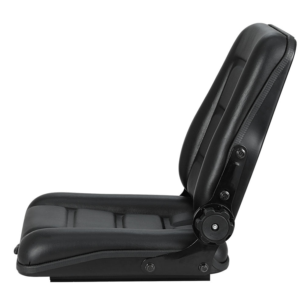 A black, cushioned Giantz Tractor Seat Forklift Excavator Truck Backrest Chair Adjustable Universal with a folding backrest and adjustable side knobs. The PU Leather Tractor Seat features an ergonomic design with rectangular padding patterns on both the seat and backrest, providing comfort and practicality for various tractor models.