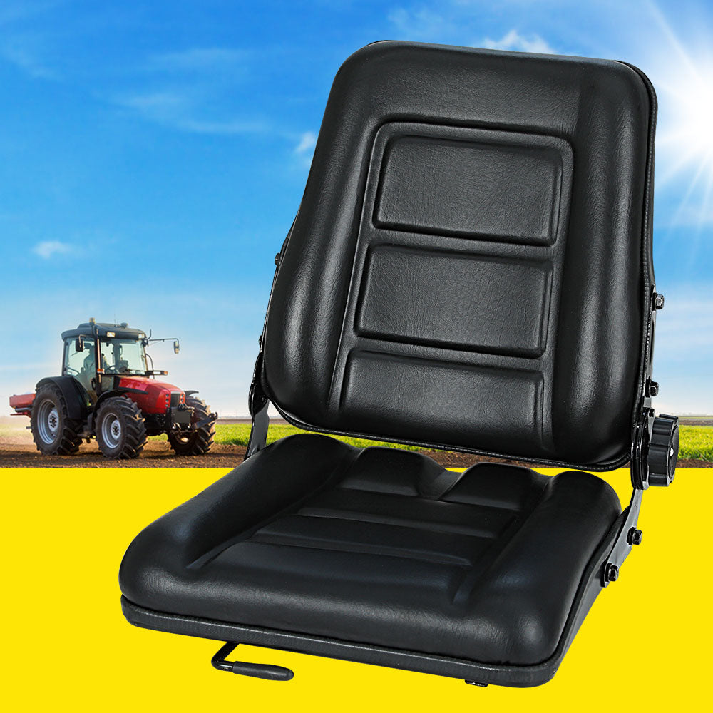 A black, cushioned Giantz Tractor Seat Forklift Excavator Truck Backrest Chair Adjustable Universal with a folding backrest and adjustable side knobs. The PU Leather Tractor Seat features an ergonomic design with rectangular padding patterns on both the seat and backrest, providing comfort and practicality for various tractor models.