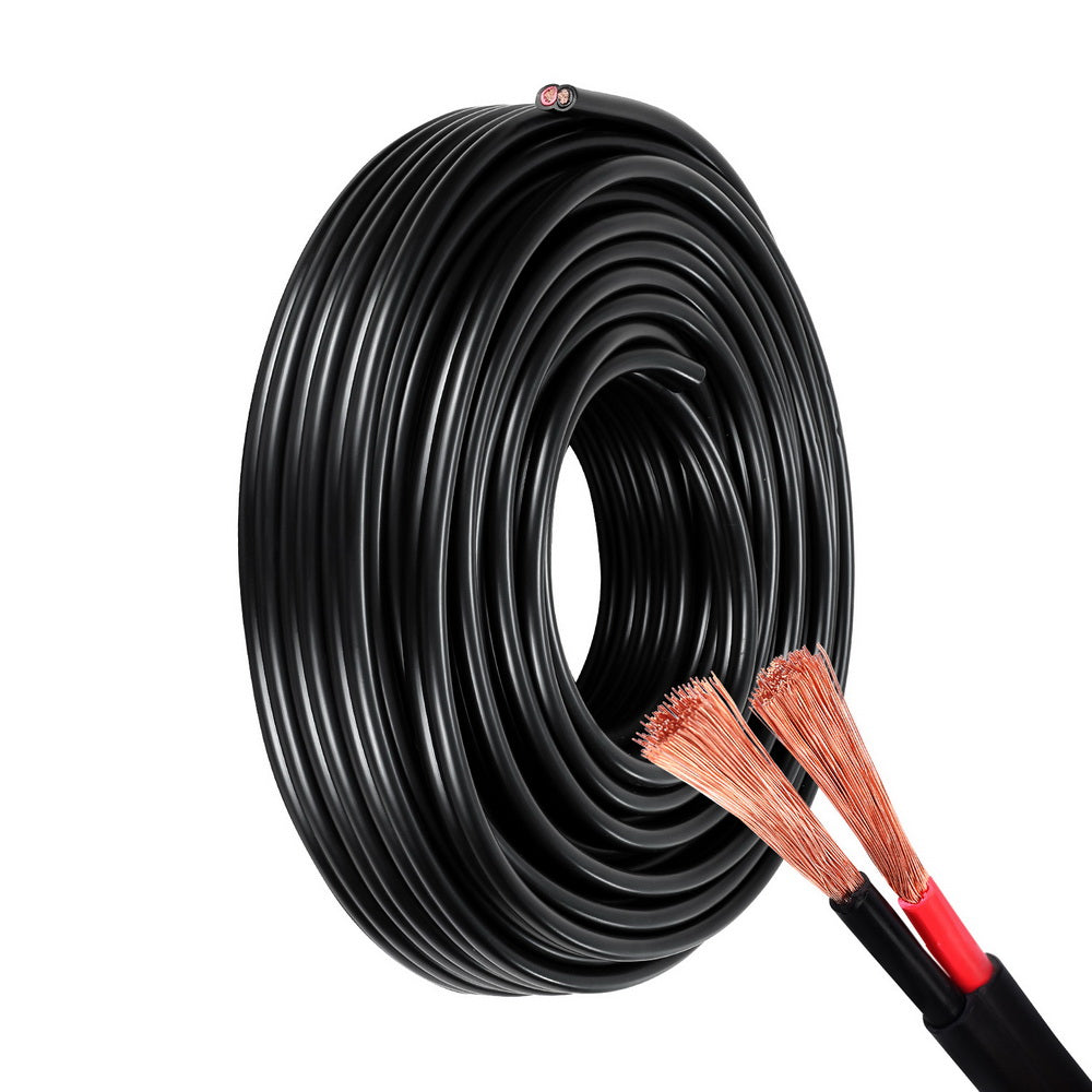 A coiled spool of Giantz 2.5MM 10M Twin Core Wire Electrical Cable Extension Car 450V 2 Sheath is shown. The close-up view highlights the two copper wire strands with red and black insulation emerging from the cut end of the cable. The oxygen-free copper strands are untwisted, displaying their multitude of fine wires.