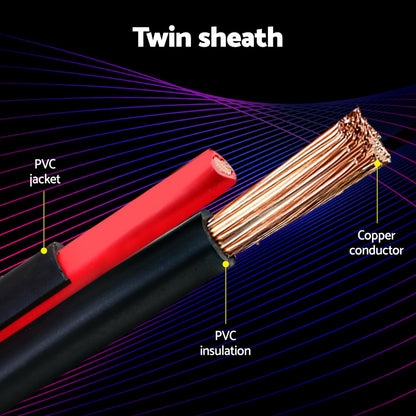 A coiled spool of Giantz 2.5MM 10M Twin Core Wire Electrical Cable Extension Car 450V 2 Sheath is shown. The close-up view highlights the two copper wire strands with red and black insulation emerging from the cut end of the cable. The oxygen-free copper strands are untwisted, displaying their multitude of fine wires.