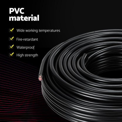 A coiled spool of Giantz 2.5MM 10M Twin Core Wire Electrical Cable Extension Car 450V 2 Sheath is shown. The close-up view highlights the two copper wire strands with red and black insulation emerging from the cut end of the cable. The oxygen-free copper strands are untwisted, displaying their multitude of fine wires.