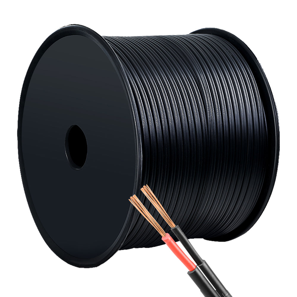 A large, cylindrical spool of black Giantz 2.5MM 100M Twin Core Wire Electrical Cable Extension Car 450V 2 Sheath with a smaller section in front revealing its internal SAA-certified, oxygen-free copper wires with orange insulation. The black spool features a central hole for mounting or dispensing the cable.