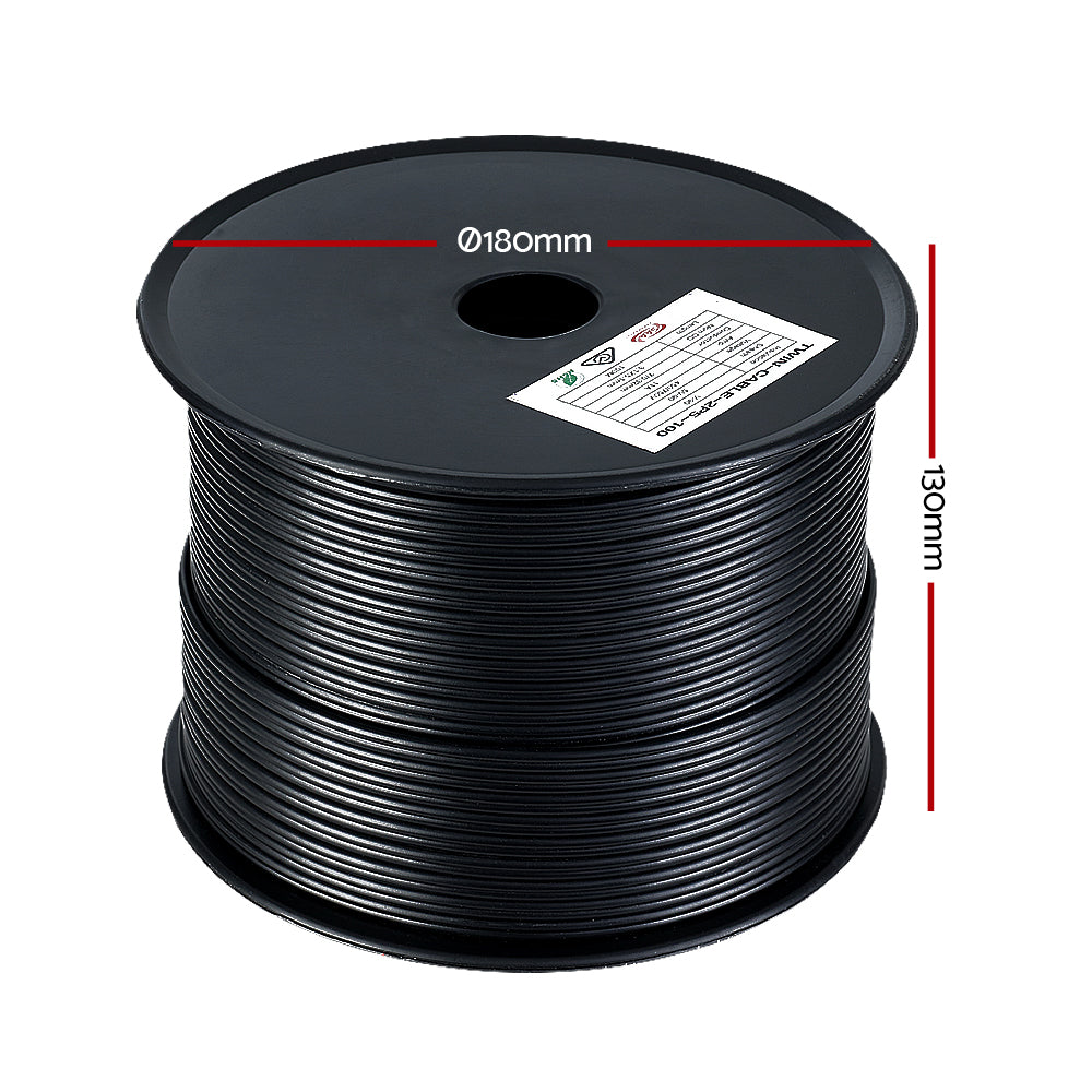 A large, cylindrical spool of black Giantz 2.5MM 100M Twin Core Wire Electrical Cable Extension Car 450V 2 Sheath with a smaller section in front revealing its internal SAA-certified, oxygen-free copper wires with orange insulation. The black spool features a central hole for mounting or dispensing the cable.