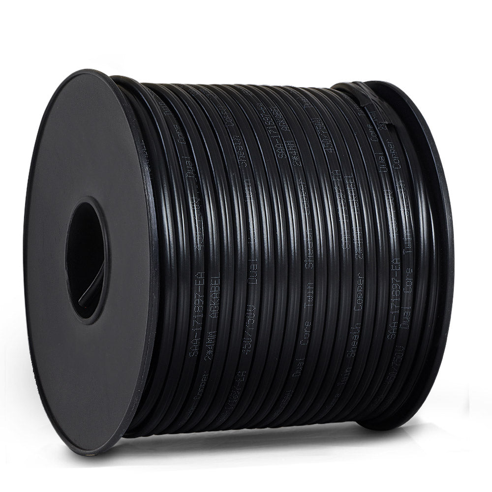 A spool of Giantz 4MM 100M Twin Core Wire Electrical Cable Extension Car 450V 2 Sheath with dimensions labeled: 17.5 cm in diameter and 15.5 cm in height. The reinforced PVC cable is neatly wound around the spool.