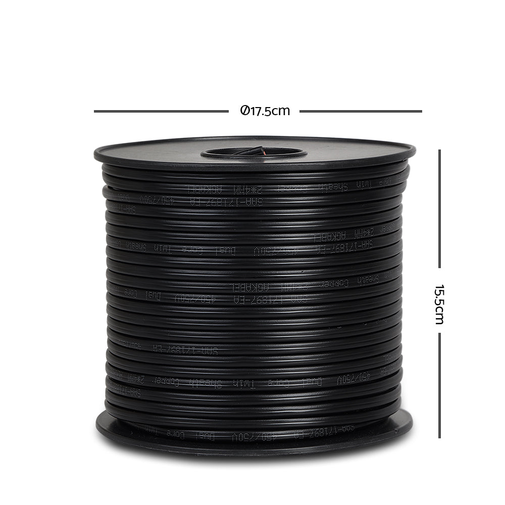 A spool of Giantz 4MM 100M Twin Core Wire Electrical Cable Extension Car 450V 2 Sheath with dimensions labeled: 17.5 cm in diameter and 15.5 cm in height. The reinforced PVC cable is neatly wound around the spool.