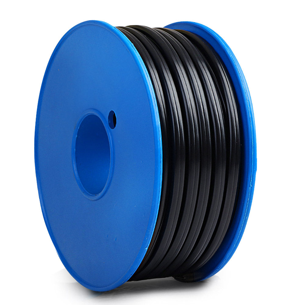 Image of a blue spool holding black 3D printer filament. Dimensions are indicated: 17.5 cm diameter and 5.5 cm height. The spool, reminiscent of spools used for Giantz 4MM 30M Twin Core Wire Electrical Cable Extension Car 450V 2 Sheath, has a central hole for mounting on a 3D printer.