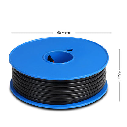 Image of a blue spool holding black 3D printer filament. Dimensions are indicated: 17.5 cm diameter and 5.5 cm height. The spool, reminiscent of spools used for Giantz 4MM 30M Twin Core Wire Electrical Cable Extension Car 450V 2 Sheath, has a central hole for mounting on a 3D printer.