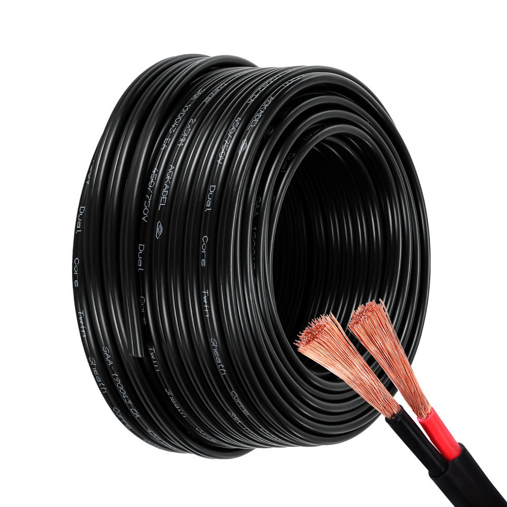 A Giantz 5MM 30M Twin Core Wire Electrical Cable Extension Car 450V 2 Sheath with exposed oxygen-free copper strands at the end. The wire is neatly wound, showcasing the durable black casing, with two separate copper conductors visible in the foreground.