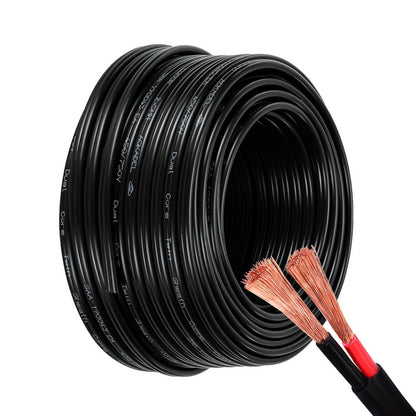 A Giantz 5MM 30M Twin Core Wire Electrical Cable Extension Car 450V 2 Sheath with exposed oxygen-free copper strands at the end. The wire is neatly wound, showcasing the durable black casing, with two separate copper conductors visible in the foreground.