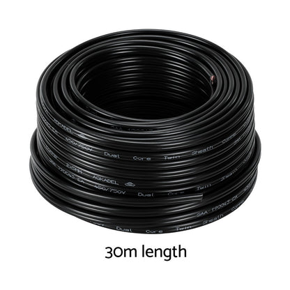 A Giantz 5MM 30M Twin Core Wire Electrical Cable Extension Car 450V 2 Sheath with exposed oxygen-free copper strands at the end. The wire is neatly wound, showcasing the durable black casing, with two separate copper conductors visible in the foreground.