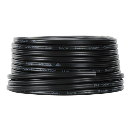 A Giantz 5MM 30M Twin Core Wire Electrical Cable Extension Car 450V 2 Sheath with exposed oxygen-free copper strands at the end. The wire is neatly wound, showcasing the durable black casing, with two separate copper conductors visible in the foreground.