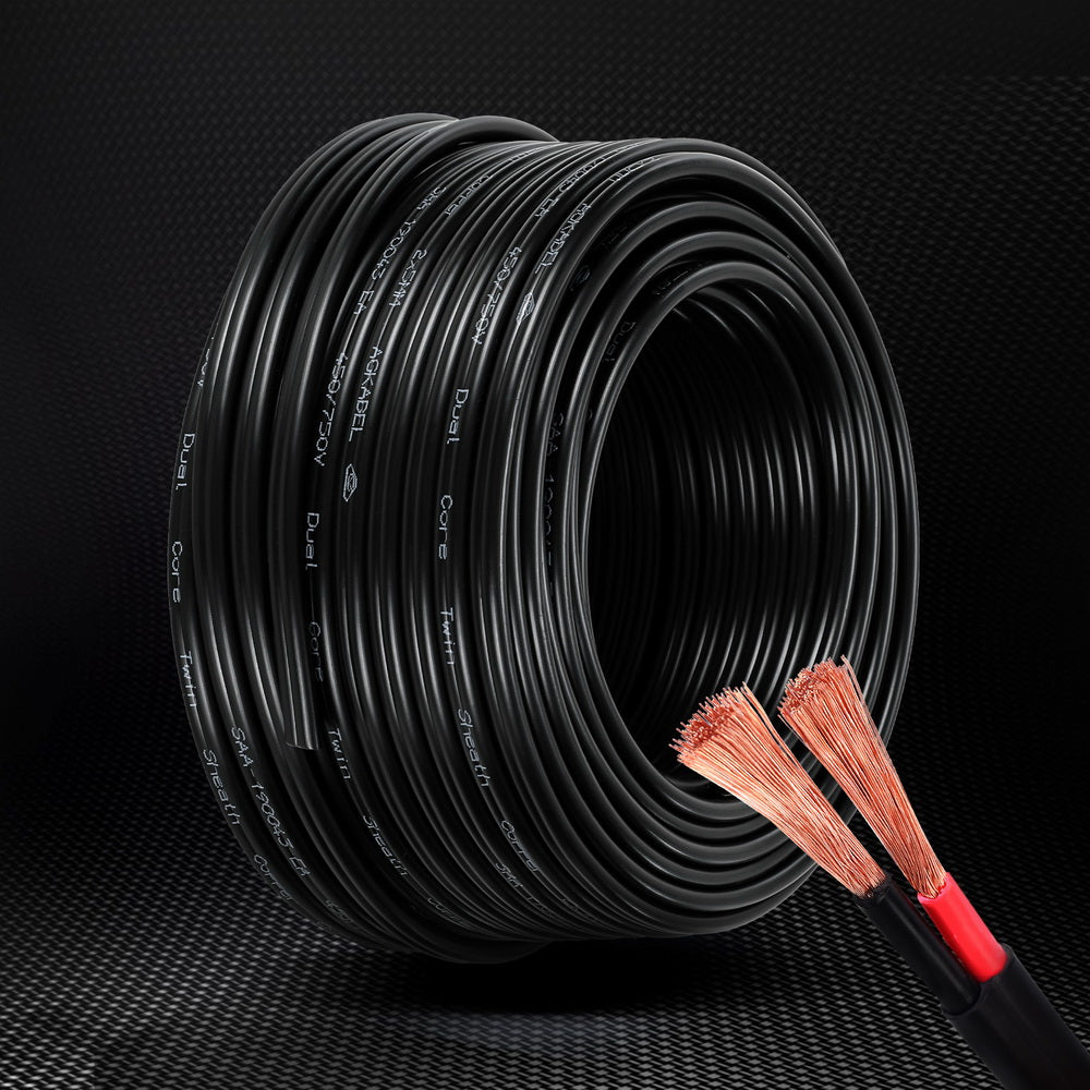 A Giantz 5MM 30M Twin Core Wire Electrical Cable Extension Car 450V 2 Sheath with exposed oxygen-free copper strands at the end. The wire is neatly wound, showcasing the durable black casing, with two separate copper conductors visible in the foreground.