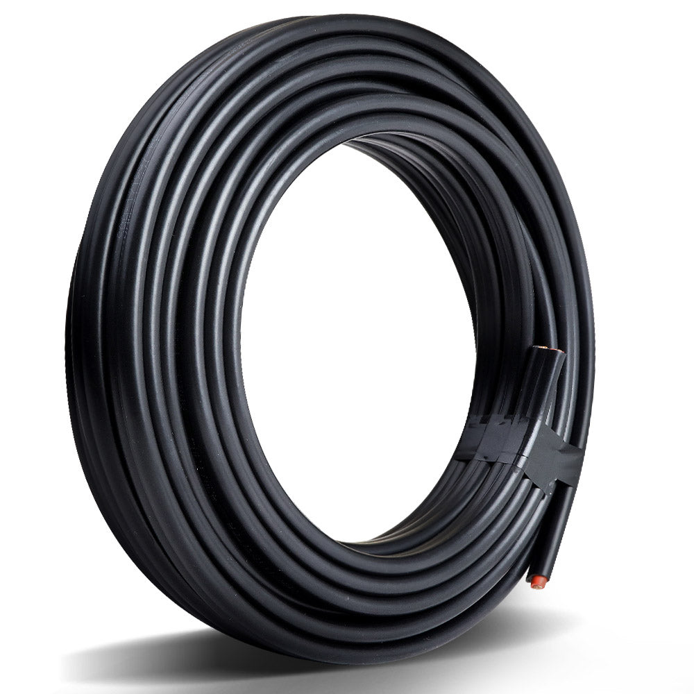 A coiled black Giantz 6MM 10M Twin Core Wire Electrical Cable Extension Car 450V 2 Sheath with a smooth surface and a small section protruding from the coil secured with a black strap. The cable, featuring an oxygen-free copper core, has a contrasting orange tip at one end. The overall appearance is neat and tightly wound.