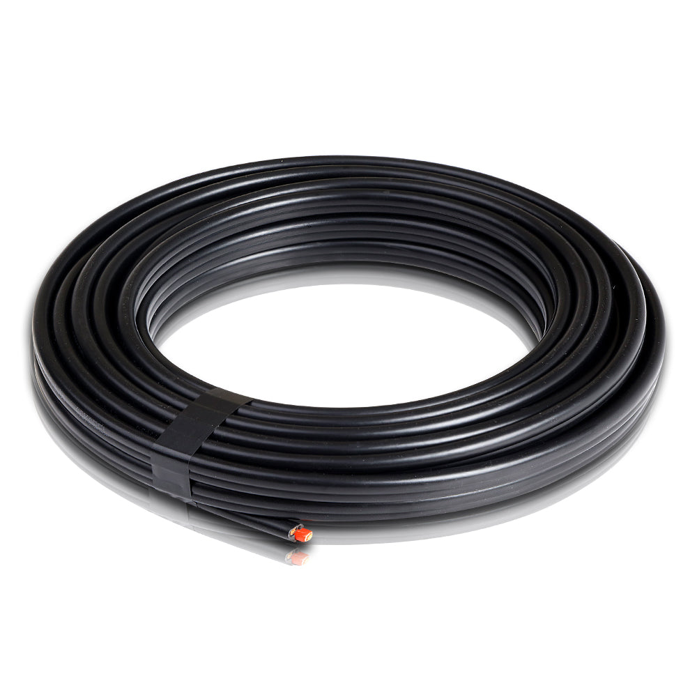 A coiled black Giantz 6MM 10M Twin Core Wire Electrical Cable Extension Car 450V 2 Sheath with a smooth surface and a small section protruding from the coil secured with a black strap. The cable, featuring an oxygen-free copper core, has a contrasting orange tip at one end. The overall appearance is neat and tightly wound.