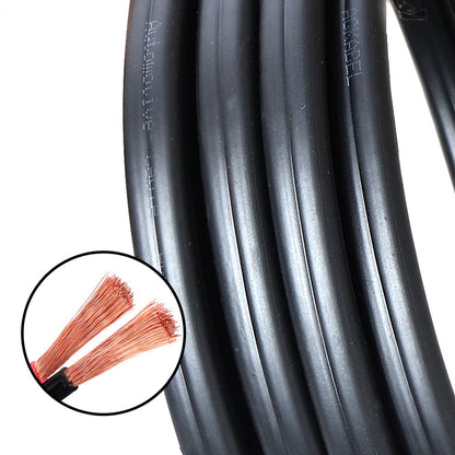 A coiled black Giantz 6MM 10M Twin Core Wire Electrical Cable Extension Car 450V 2 Sheath with a smooth surface and a small section protruding from the coil secured with a black strap. The cable, featuring an oxygen-free copper core, has a contrasting orange tip at one end. The overall appearance is neat and tightly wound.