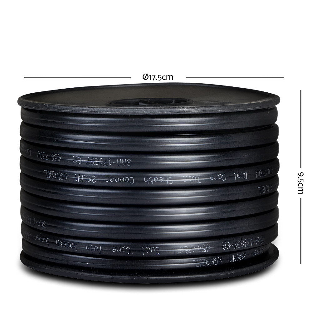 An electrical cable specification chart listing diameter, wire gauge size, nominal area, current rating, and strand nominal diameter for various cable sizes. The 6mm row for the Giantz 6MM 30M Twin Core Wire Electrical Cable Extension Car 450V 2 Sheath is highlighted in red, showing values: 11AWG, 4.58mm², 37AMP, and 84/0.32mm.