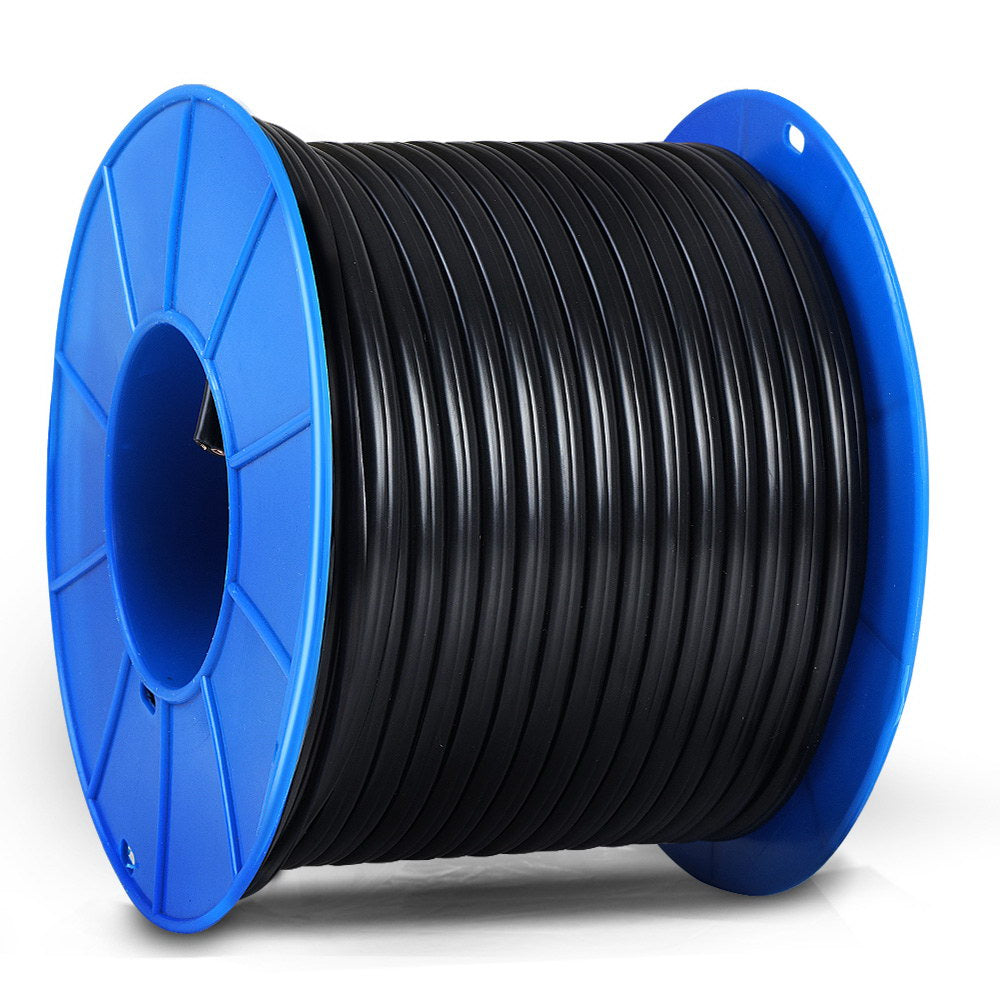 A spool of black, fire-retardant Giantz 6MM 60M Twin Core Wire Electrical Cable Extension Car 450V 2 Sheath wound neatly on a blue reel. The dimensions are indicated with a diameter of 23 cm and height of 17 cm. The cable is coiled tightly and evenly around the spool. The background is plain white.