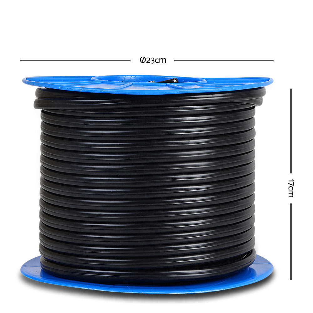 A spool of black, fire-retardant Giantz 6MM 60M Twin Core Wire Electrical Cable Extension Car 450V 2 Sheath wound neatly on a blue reel. The dimensions are indicated with a diameter of 23 cm and height of 17 cm. The cable is coiled tightly and evenly around the spool. The background is plain white.