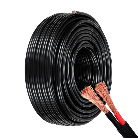 A large coil of black electrical cable is shown. The cut ends reveal red and black copper wires inside, indicating two conductors. The exposed, flexible oxygen-free copper strands ensure optimal conductivity and durability, making it perfect as a Giantz 8B&S 30M Twin Core Wire Electrical Cable Extension Car 450V 2 Sheath.