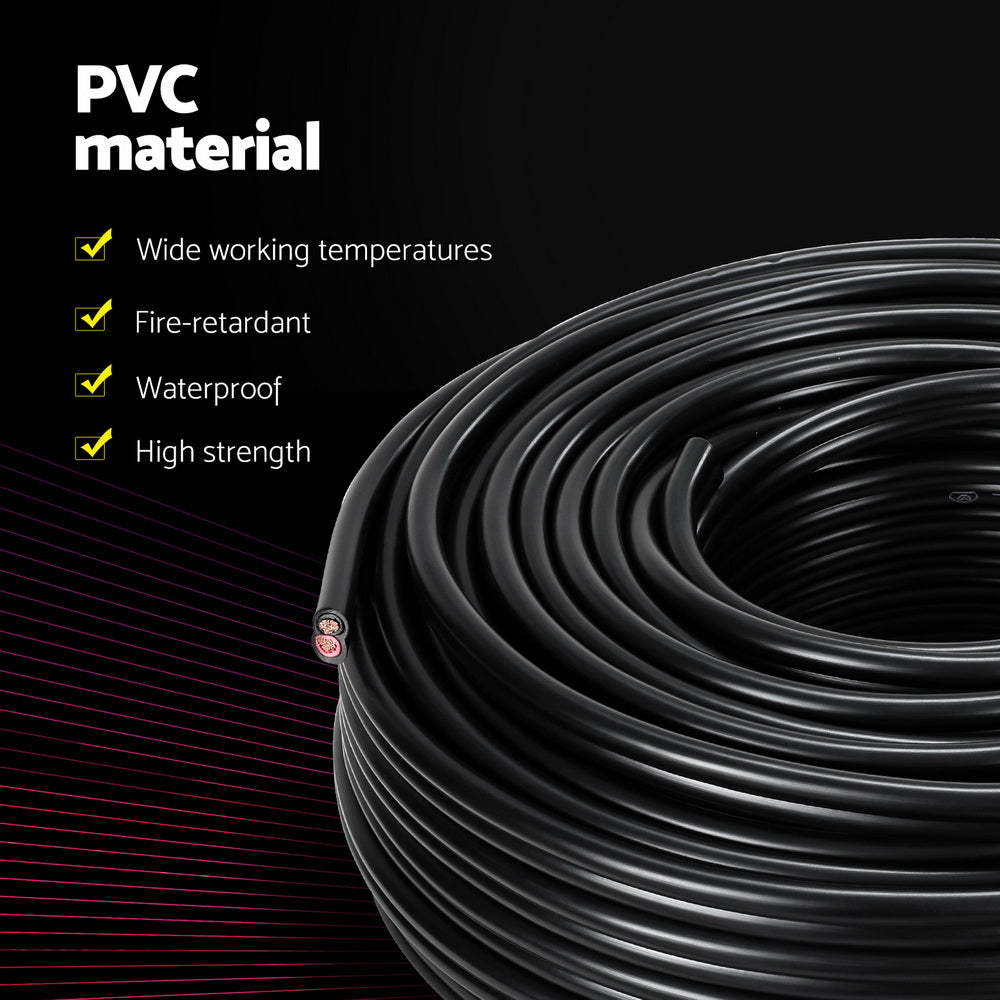 A large coil of black electrical cable is shown. The cut ends reveal red and black copper wires inside, indicating two conductors. The exposed, flexible oxygen-free copper strands ensure optimal conductivity and durability, making it perfect as a Giantz 8B&S 30M Twin Core Wire Electrical Cable Extension Car 450V 2 Sheath.